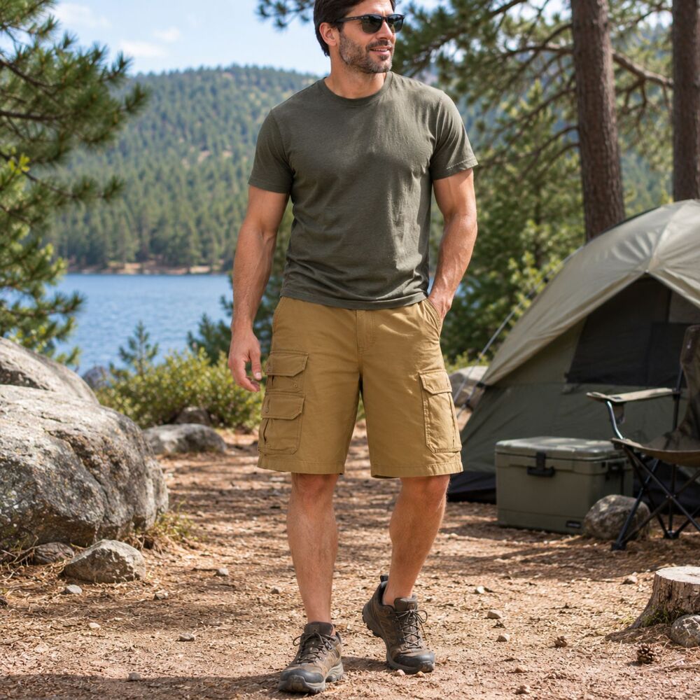 Men Cargo Shorts Iron Flex 40 Desert Camel Utility Workwear Stretch Hiking